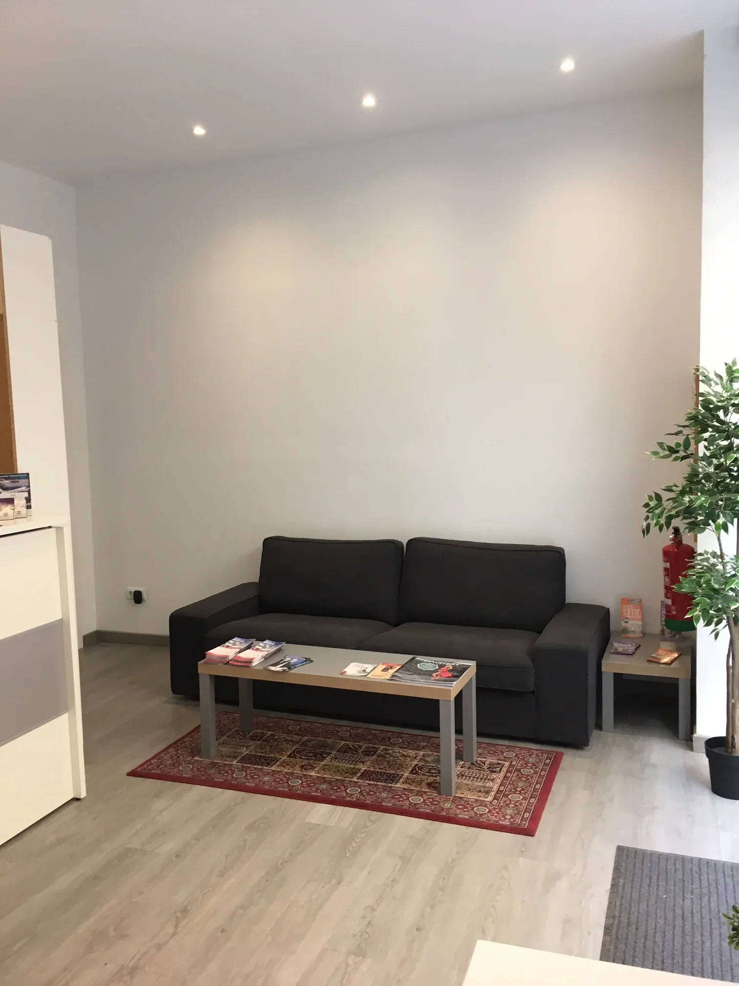 Waiting area featuring charcoal sofa and contemporary design